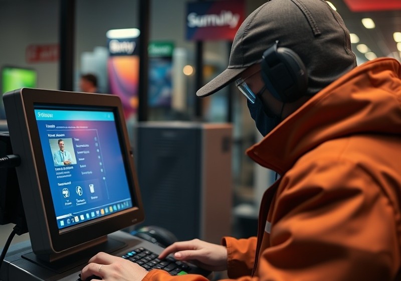 ATMのカードリーダーを点検する担当者